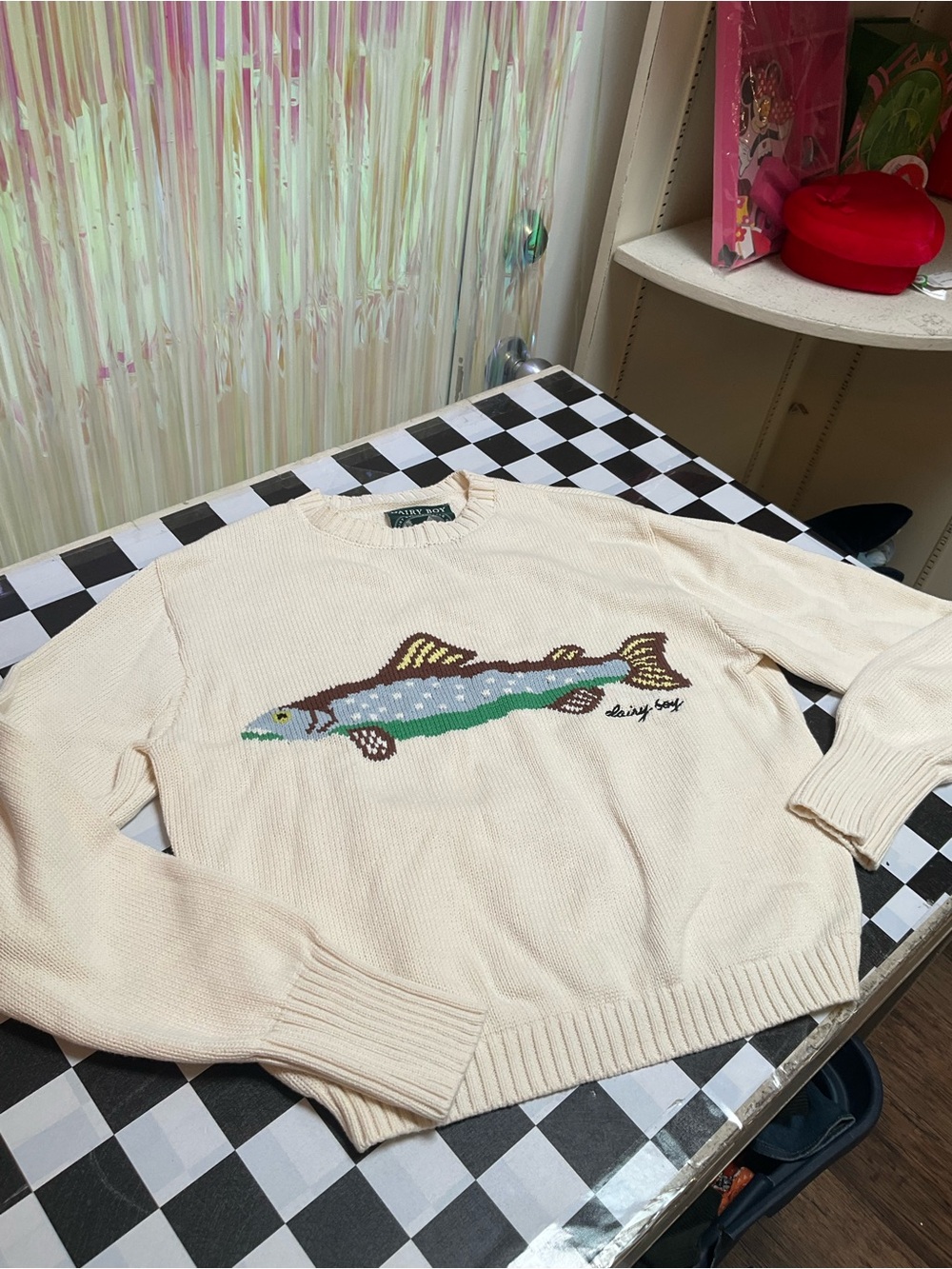 Cream Crewneck Sweater with Colorful Fish Motif